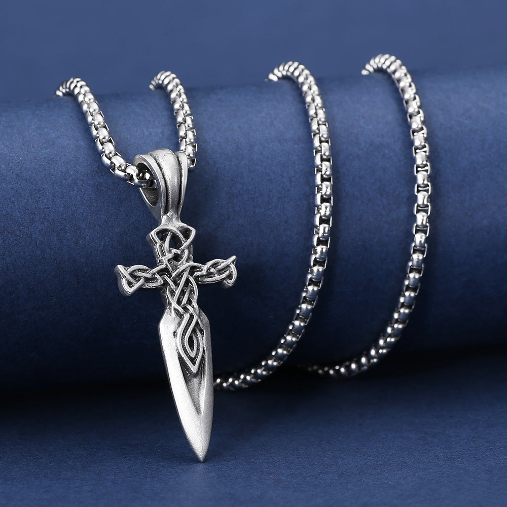 Collier en acier titane pour hommes, pendentif épée à nœud celtique sculpté Viking