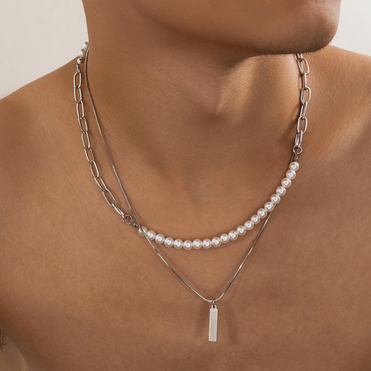 Collar de perlas con etiqueta de acero y titanio para hombre