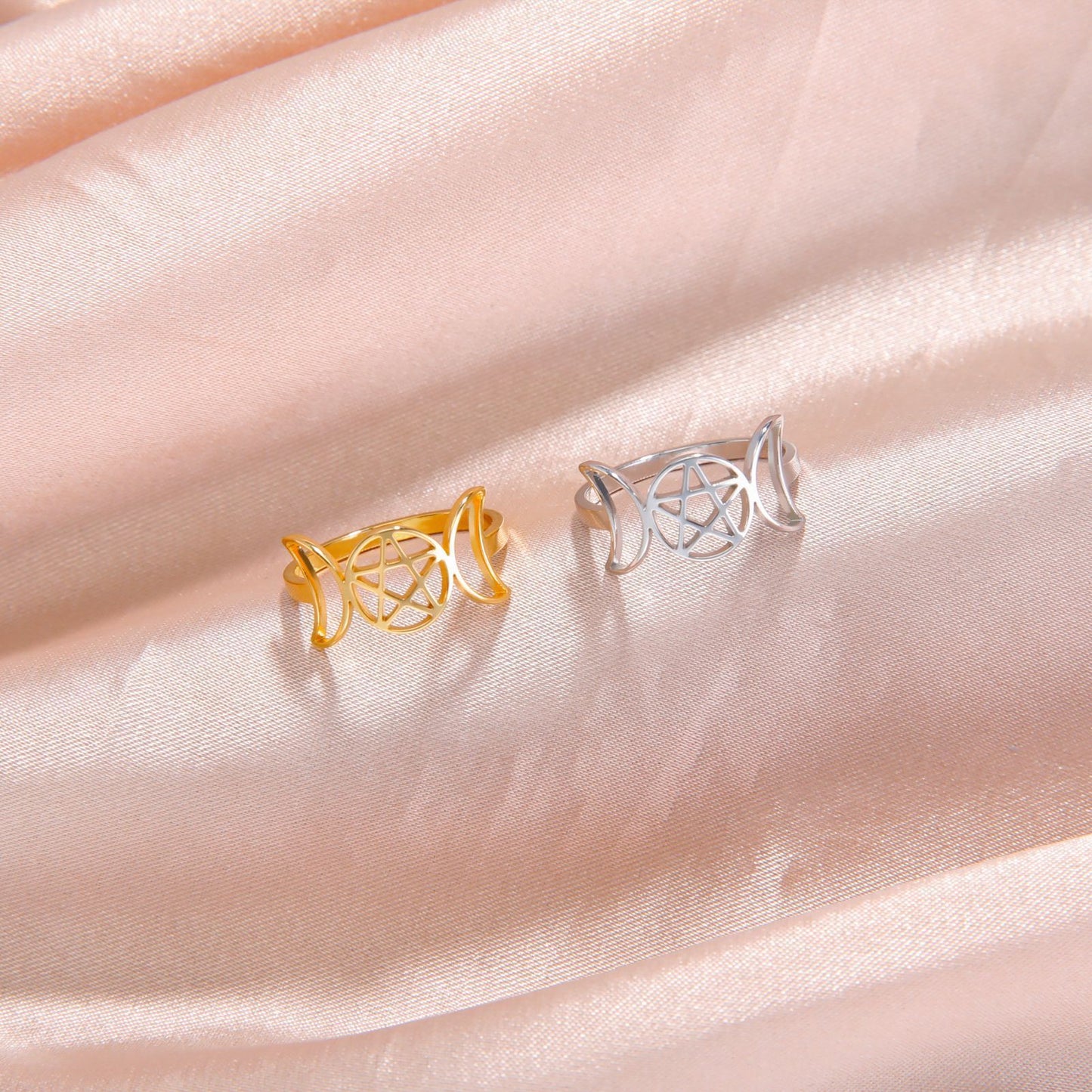 Bague en acier inoxydable, ornement de Couple sauvage, Double lune, pentagramme