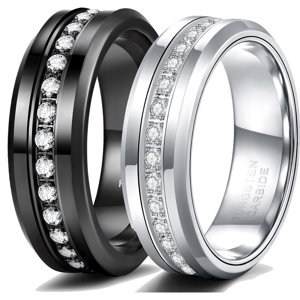 Bague en tungstène argenté unisexe à une rangée de diamants incrustés de pente