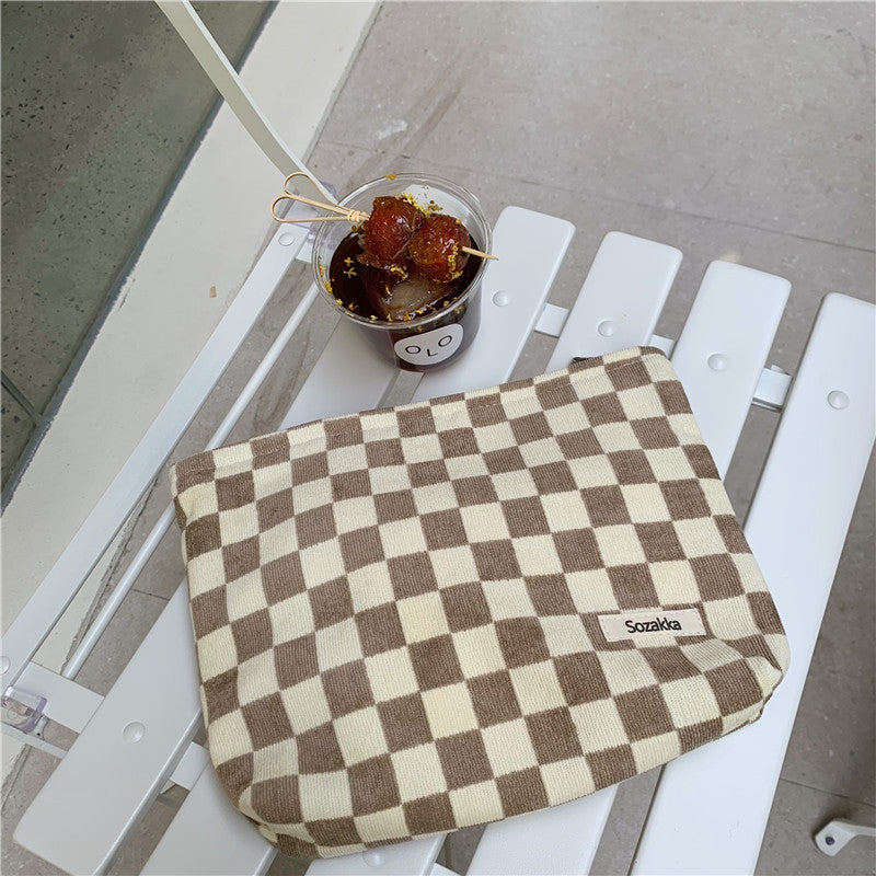 Portable Corduroy Chessboard Clutch Buggy Bag