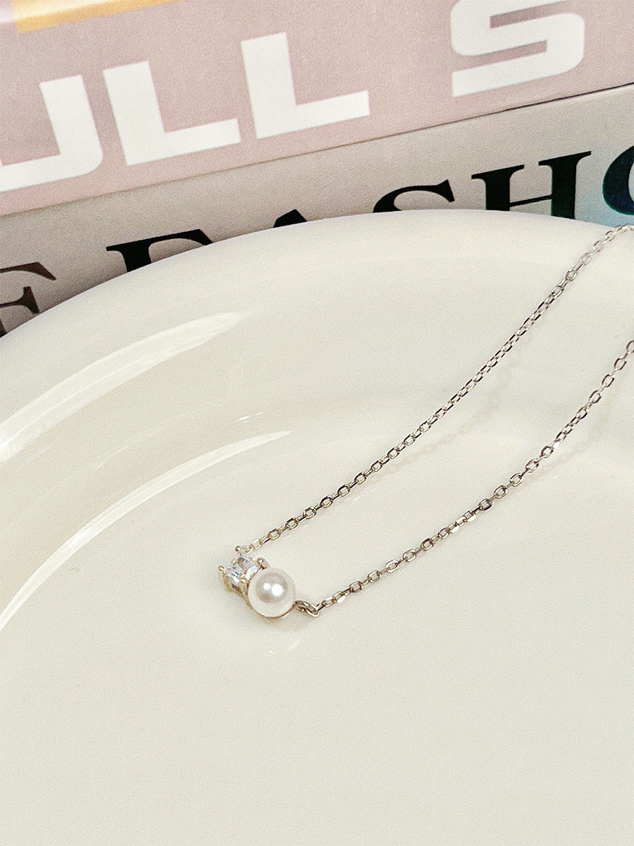 925 Sterling Silver Square Diamond Natural Freshwater Pearl Pendant