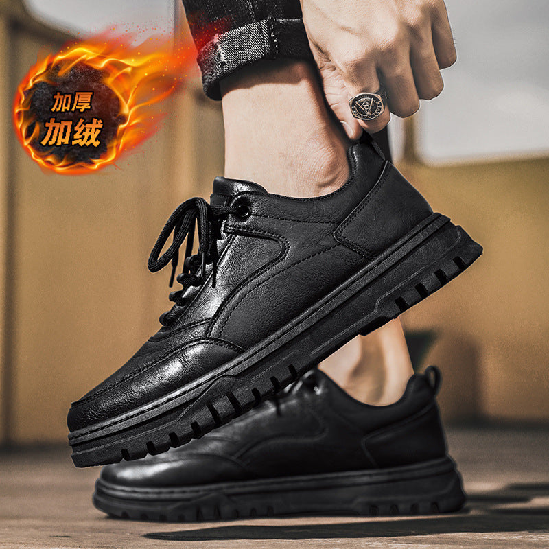 Chaussures basses en cuir de loisirs chaudes et épaisses brossées, automne et hiver