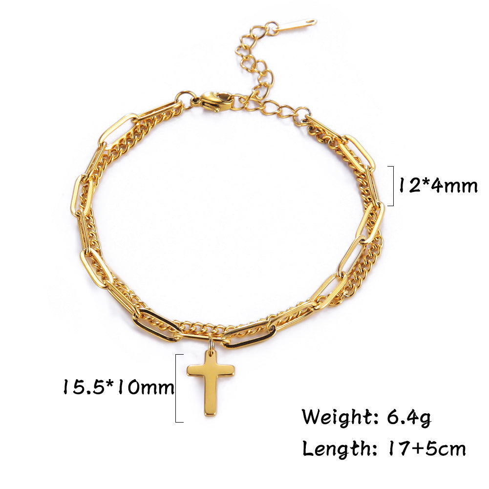 Trendy Fashion Titanium Steel Double Layer Twin Welding Chain Cross Chain Bracelet