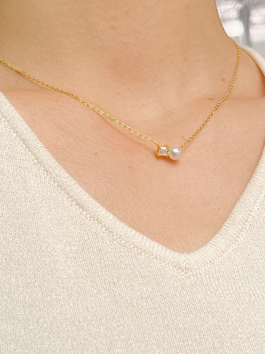 925 Sterling Silver Square Diamond Natural Freshwater Pearl Pendant