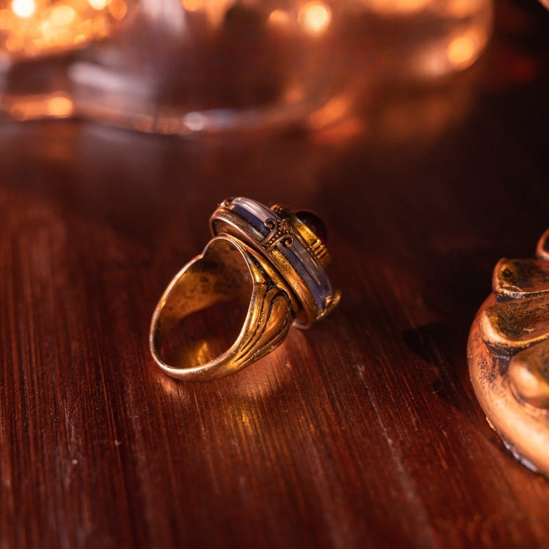 Western Antique Retro Series Blue Handmade Glass Brass Plated Gold Ring