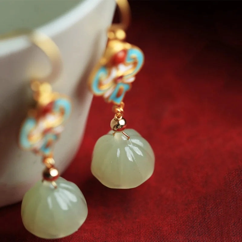 Boucles d'oreilles en argent Sterling et or ancien, Jade Hetian, graine de Lotus, émail pour femmes, rétro capricieuses