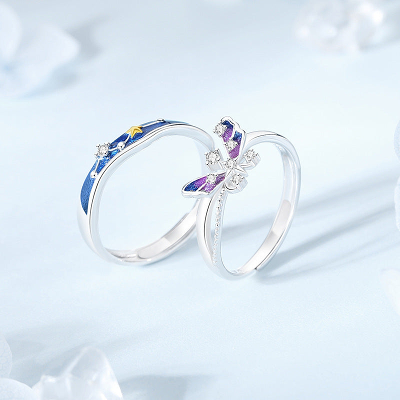 Starry Butterfly Lovers Couple Ring, Pure Silver, Small And Popular