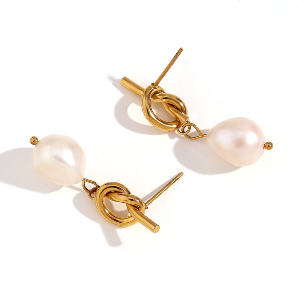Fashion Stainless Steel 18K Gold Plating Knotted Button Freshwater Pearl Ear Studs