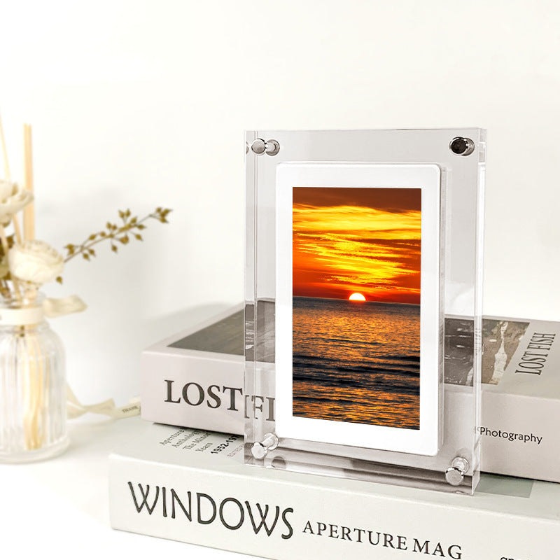 Cadre photo numérique Lecteur vidéo acrylique Cadre photo numérique Affichage vertical avec 1 Go et batterie Type C Cadre vidéo Cadeau pour aimé