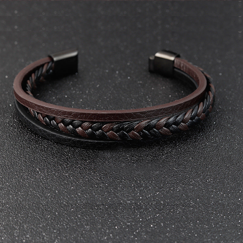Bracelet en cuir pour hommes en acier titane double couche