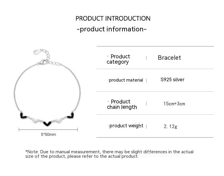 Pulsera de corazón de epoxi negro de plata de ley S925