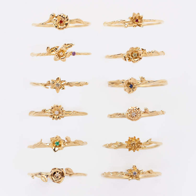 12yue Flower Birthstone Ring Copper Inlaid Zircon