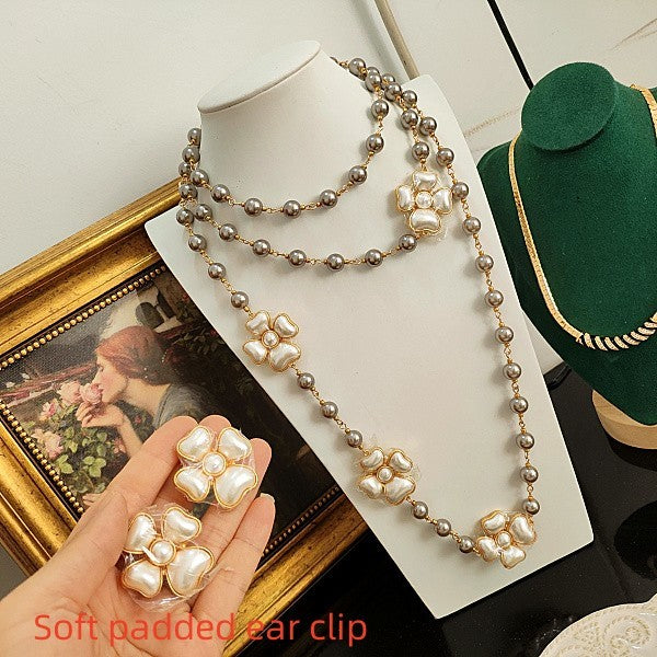 Suite Collier Sautoir Et Boucles D'Oreilles Pendentif Fleur Blanche