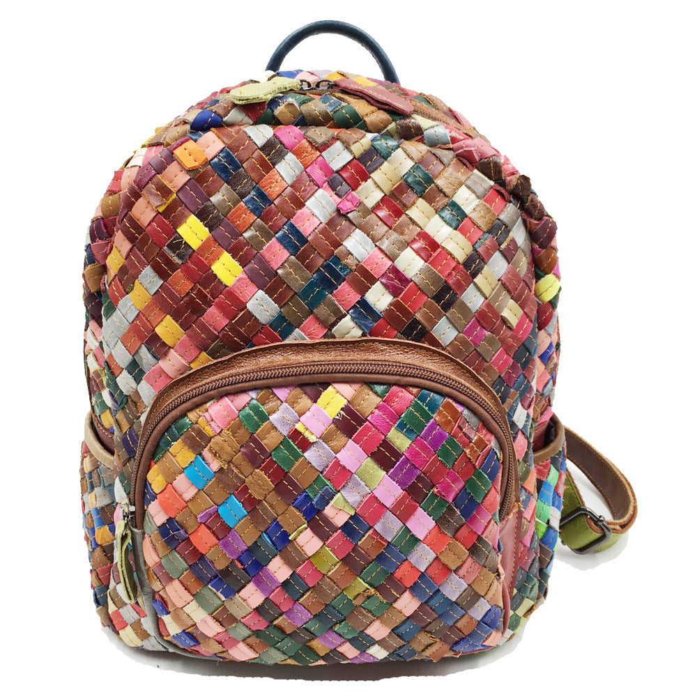 Sac à dos tissé à la main en cuir de vache de couleur couture pour femme