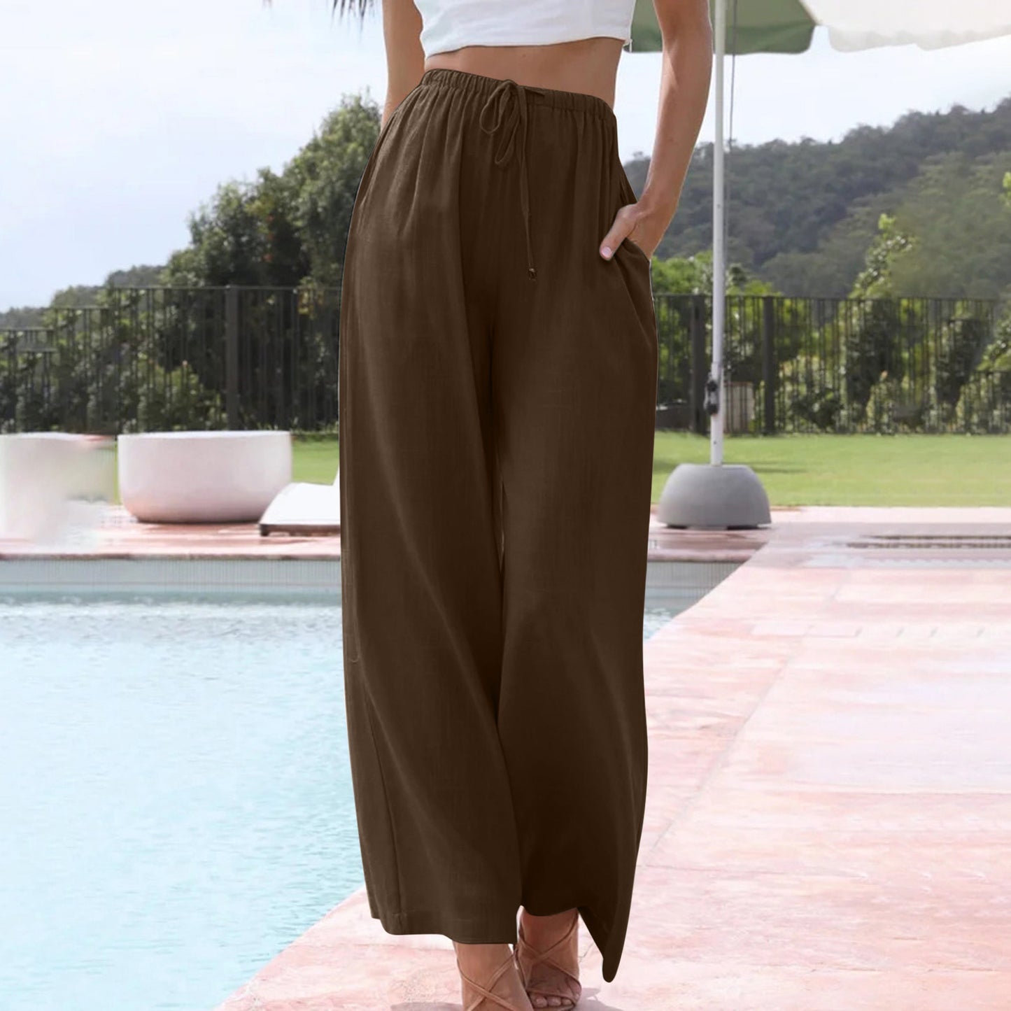 Spring And Summer Cotton And Linen Drawstring Casual Women's Wide-leg Trousers