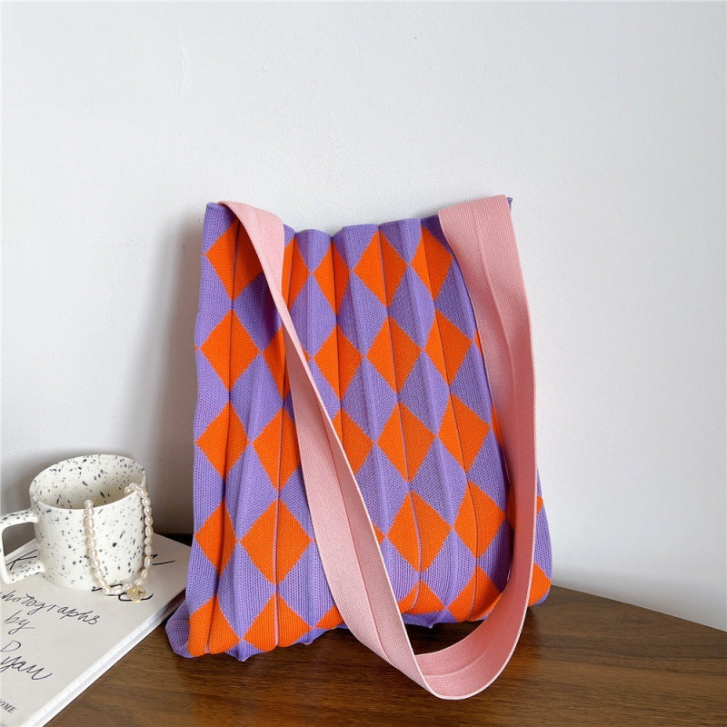 FallWinter Special-interest Design Two-tone Plaid Foldable Shoulder Bag For Women