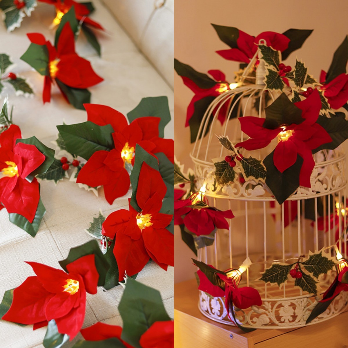 Luces navideñas LED de primer grado con flores rojas y frutos rojos para decoración del hogar