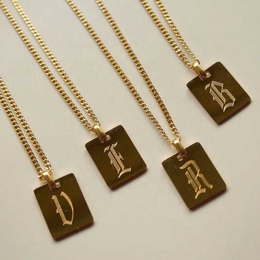Stainless Steel Rectangular Ancient English 26 Letters Pendant Necklace For Women