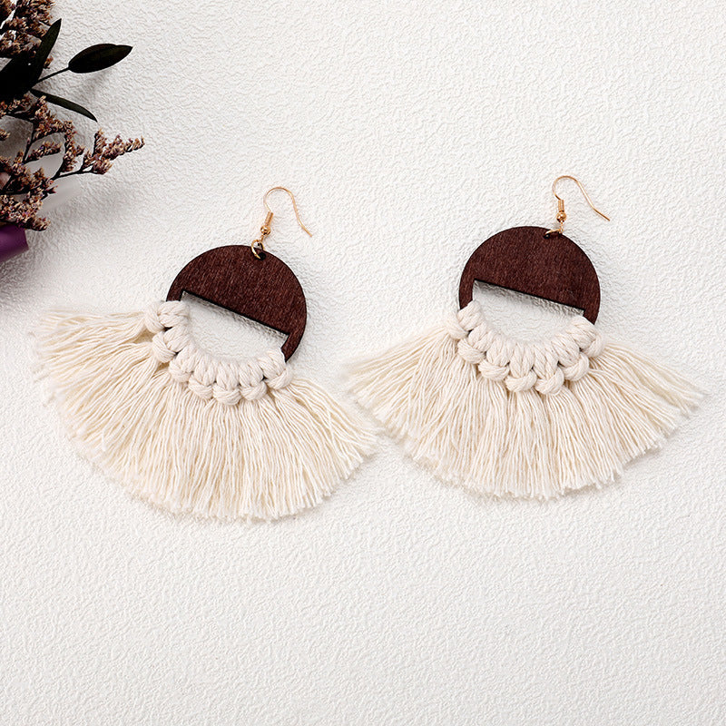 Pendientes Tejidos a Mano Macrame Madera Original Borla Ecológica