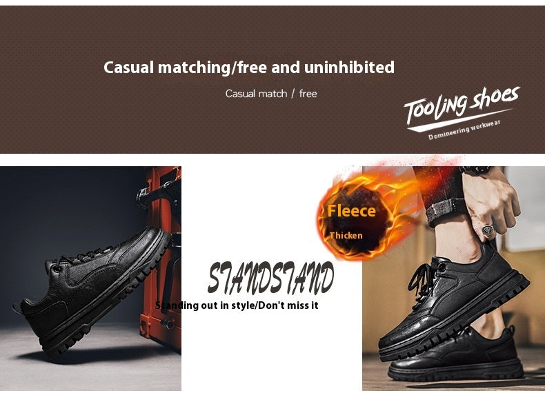 Chaussures basses en cuir de loisirs chaudes et épaisses brossées, automne et hiver