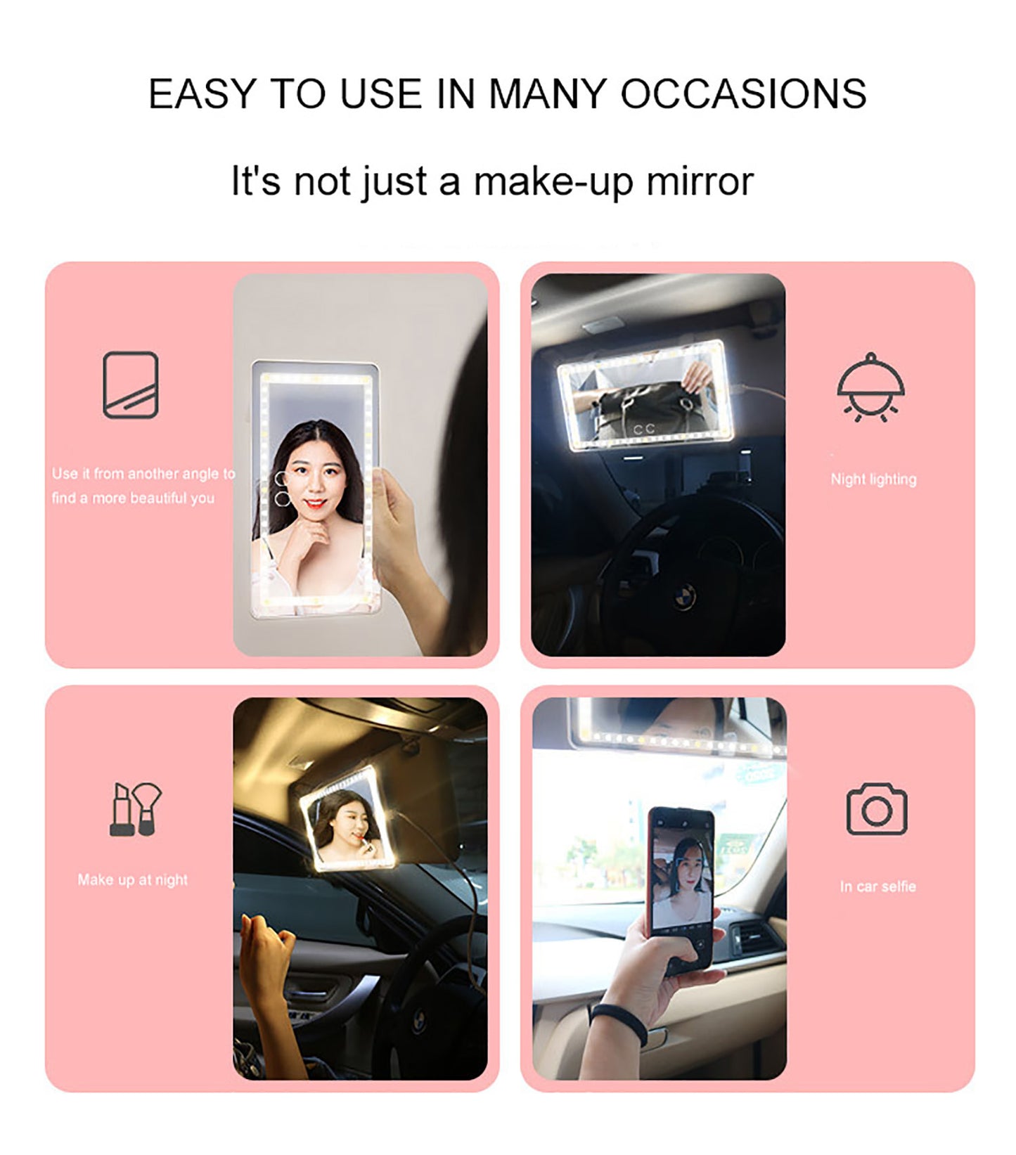 Espejo universal para visera de coche, espejo de maquillaje LED, espejo de maquillaje táctil