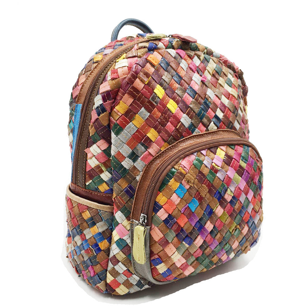 Sac à dos tissé à la main en cuir de vache de couleur couture pour femme