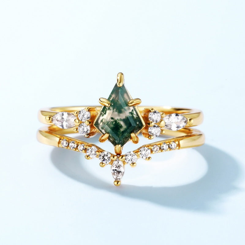 Bague femme en argent S925 incrustée de pierre de mousse verte