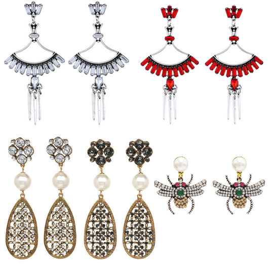 Retro Ethnic Style Earrings Color Rhinestone Simple Geometric Hollow Carved