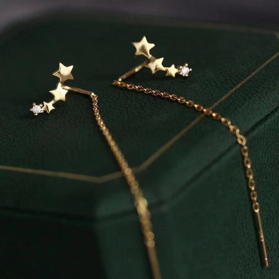 Pendientes largos con borlas de acero y titanio, aretes con líneas de oreja de pentagrama de un solo diamante Simple de oro, estrella pequeña de moda exquisita