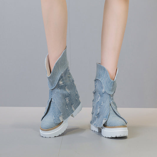 Bottes de loisirs en Denim doublées de polaire pour femmes, nouvelle collection automne et hiver