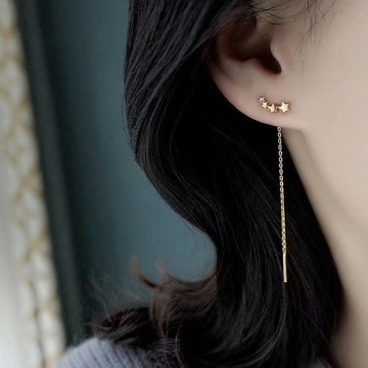 Pendientes largos con borlas de acero y titanio, aretes con líneas de oreja de pentagrama de un solo diamante Simple de oro, estrella pequeña de moda exquisita