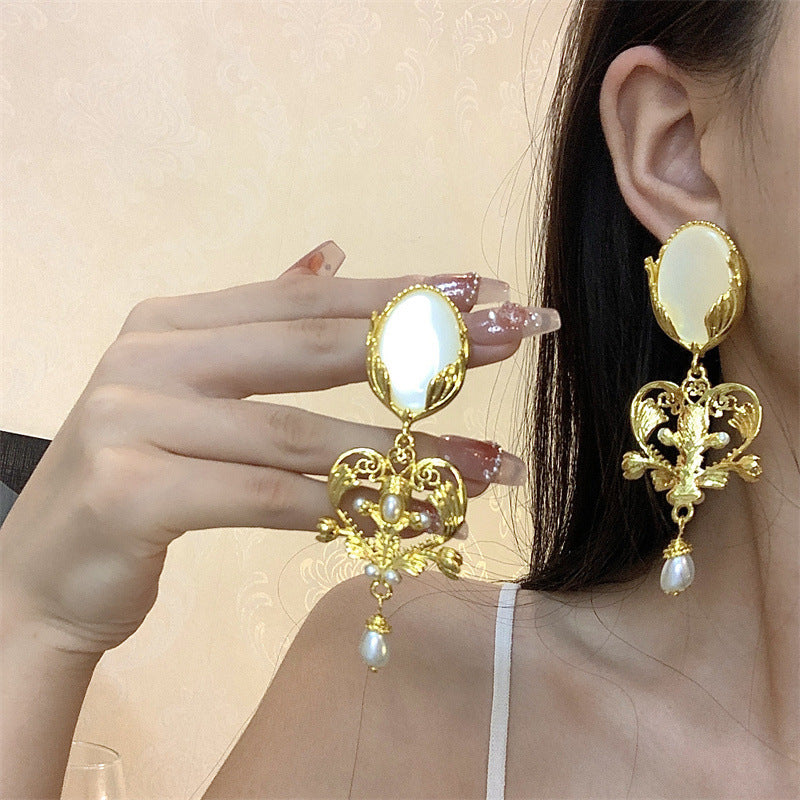 Cour Vintage Gravure Métal Strass Perle Boucles D'oreilles Femme