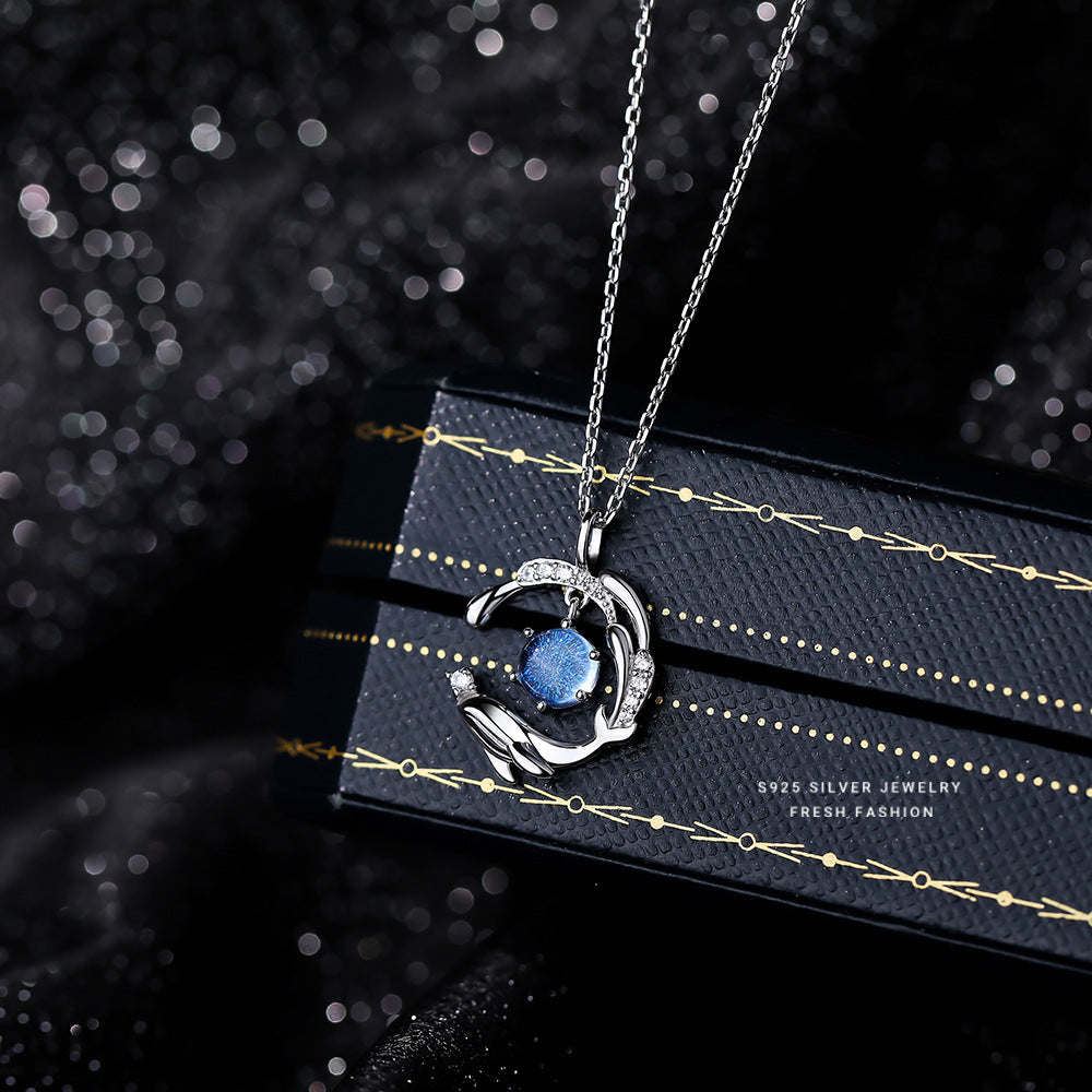 S925 Sterling Silver Glass Stone Like Whale Into The Sea 5 Necklace For Women