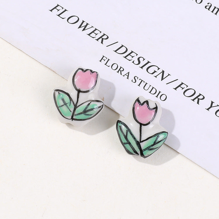 Perles en céramique tulipe rose peintes à la main