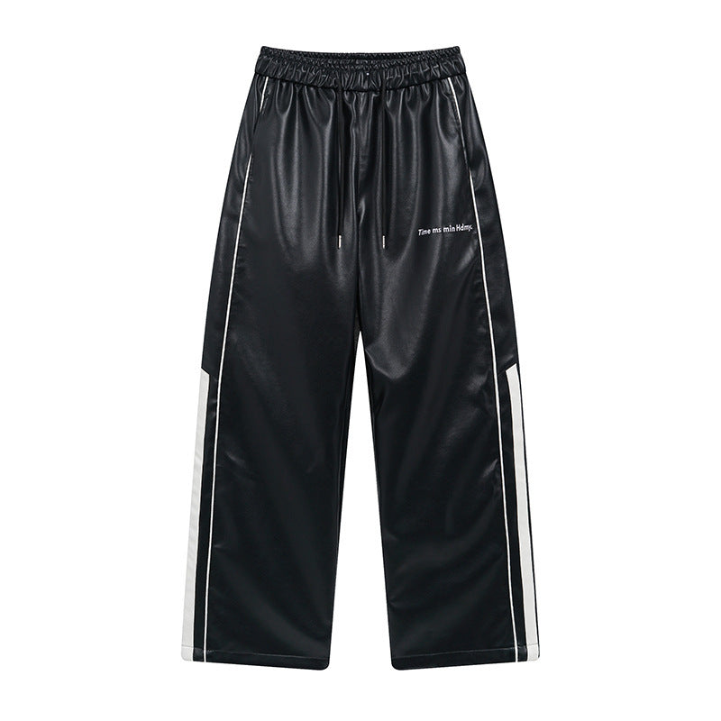 Men's Striped PU Leather Straight-leg Trousers
