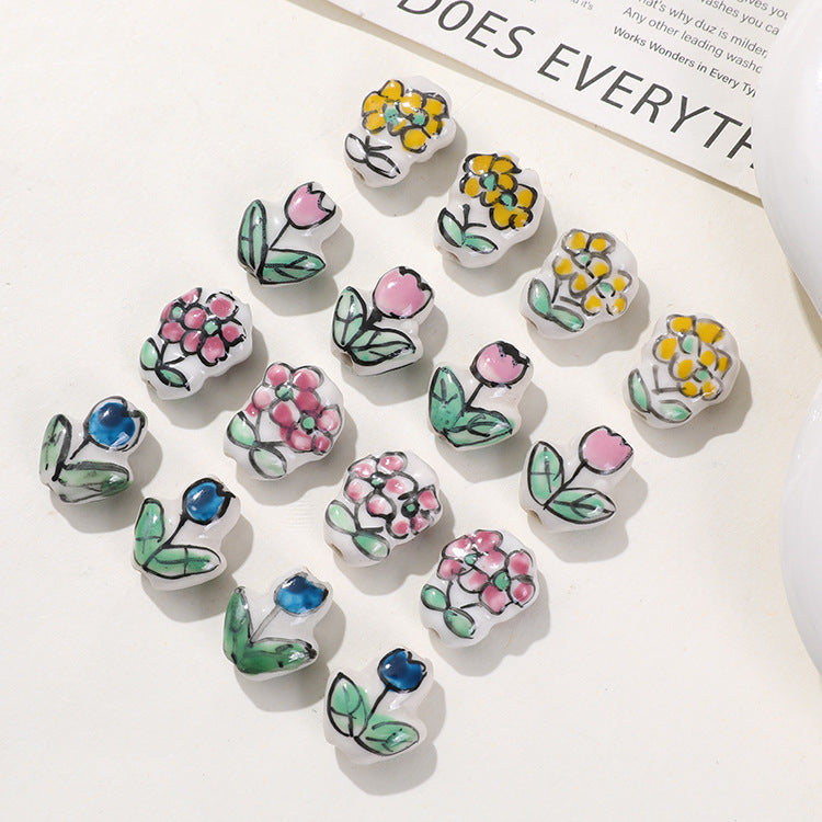 Perles en céramique tulipe rose peintes à la main