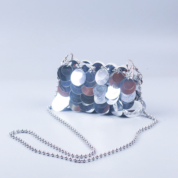 Sac messager à bandoulière pailleté avec chaîne de sac tissé pour femmes fait à la main