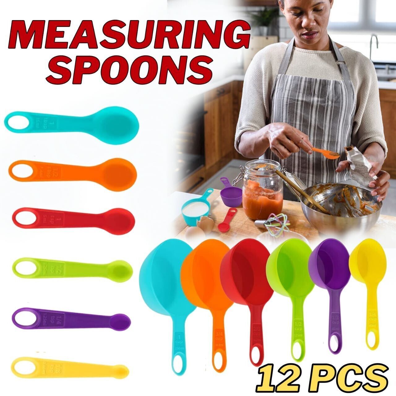 Tazas y cucharas medidoras multicolores, juego de 12 piezas, utensilios de cocina de plástico