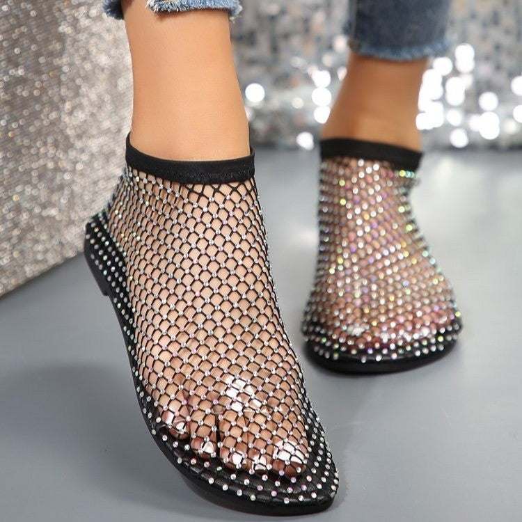 Nouvelles sandales plates creuses avec strass Design chaussures d'été à bout rond pour femmes