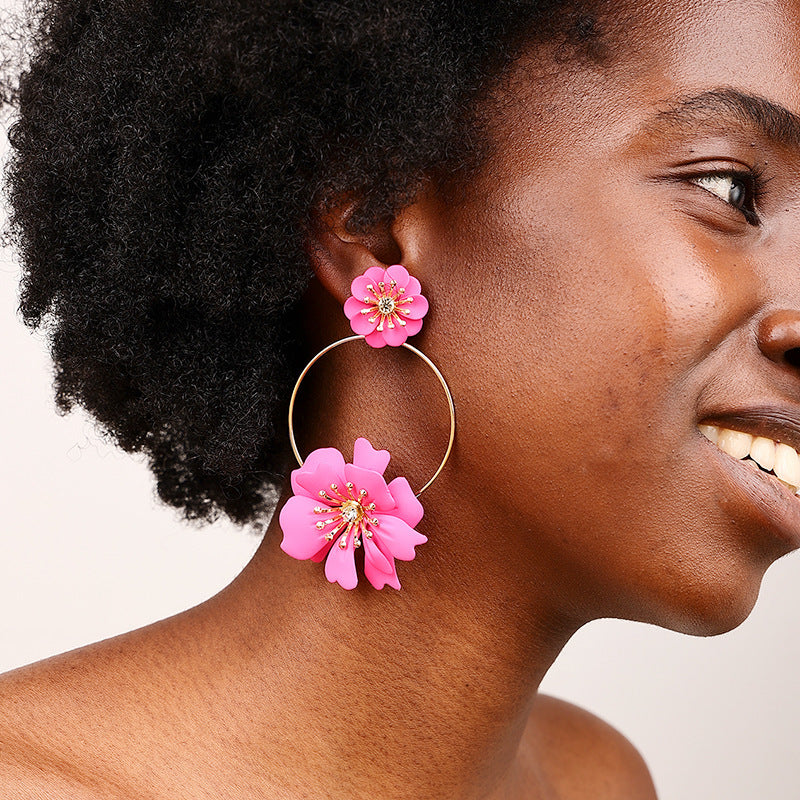 Boucles d'oreilles à fleurs, anneau de voyage de vacances, personnalité douce, tendance, pour dame
