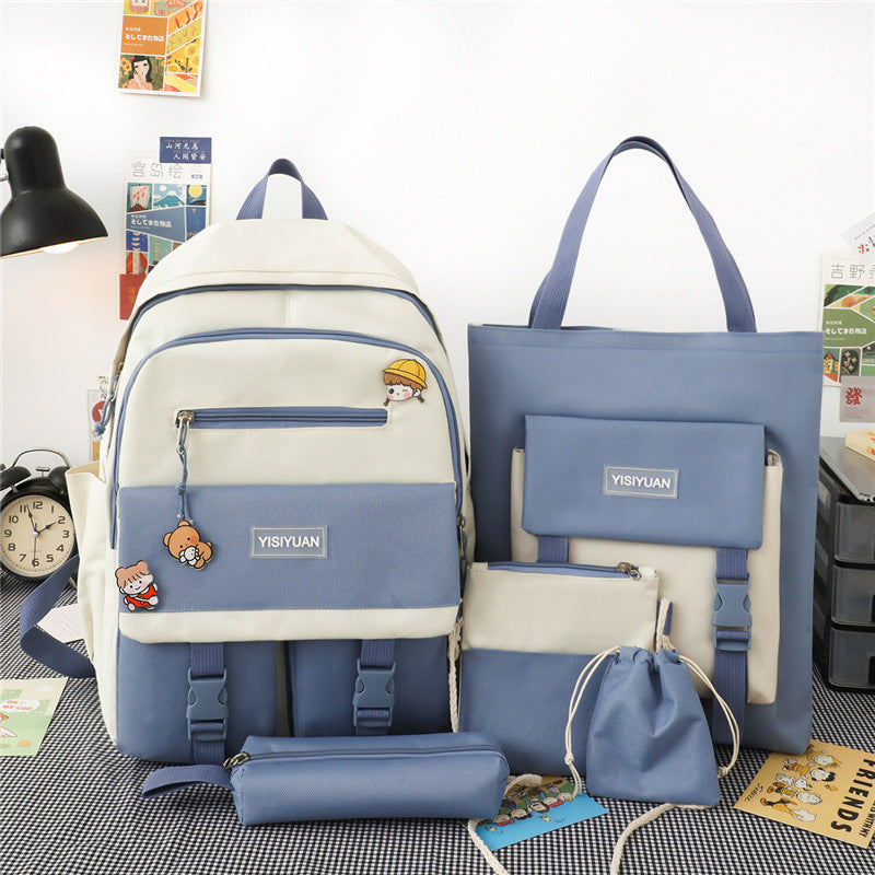 Sac à dos en nylon haute capacité pour collégiens, ensemble de cinq pièces