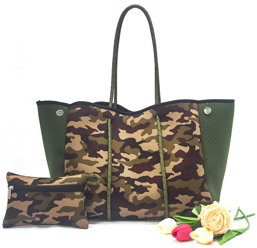 Bolso de playa portátil negro impreso con estampado de leopardo, viaje de ocio