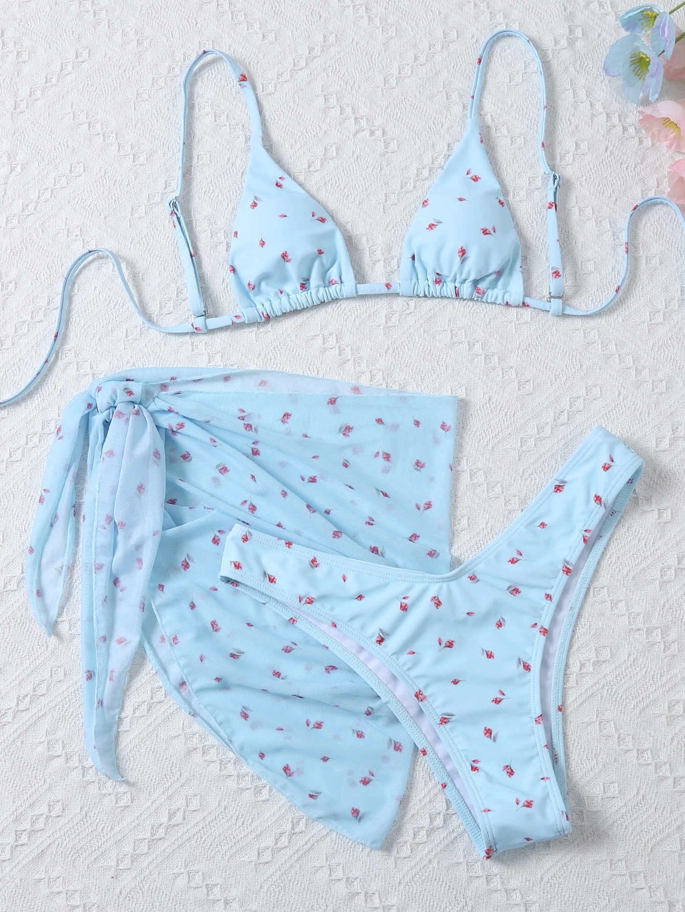 Maillot de bain imprimé style plage pour femmes, ensemble trois pièces