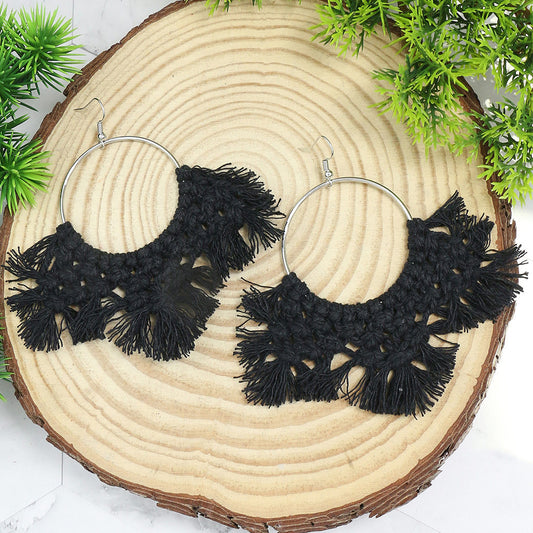 Boucles D'oreilles Pompon Bohème Tissage Fait Main Style Ethnique Bois