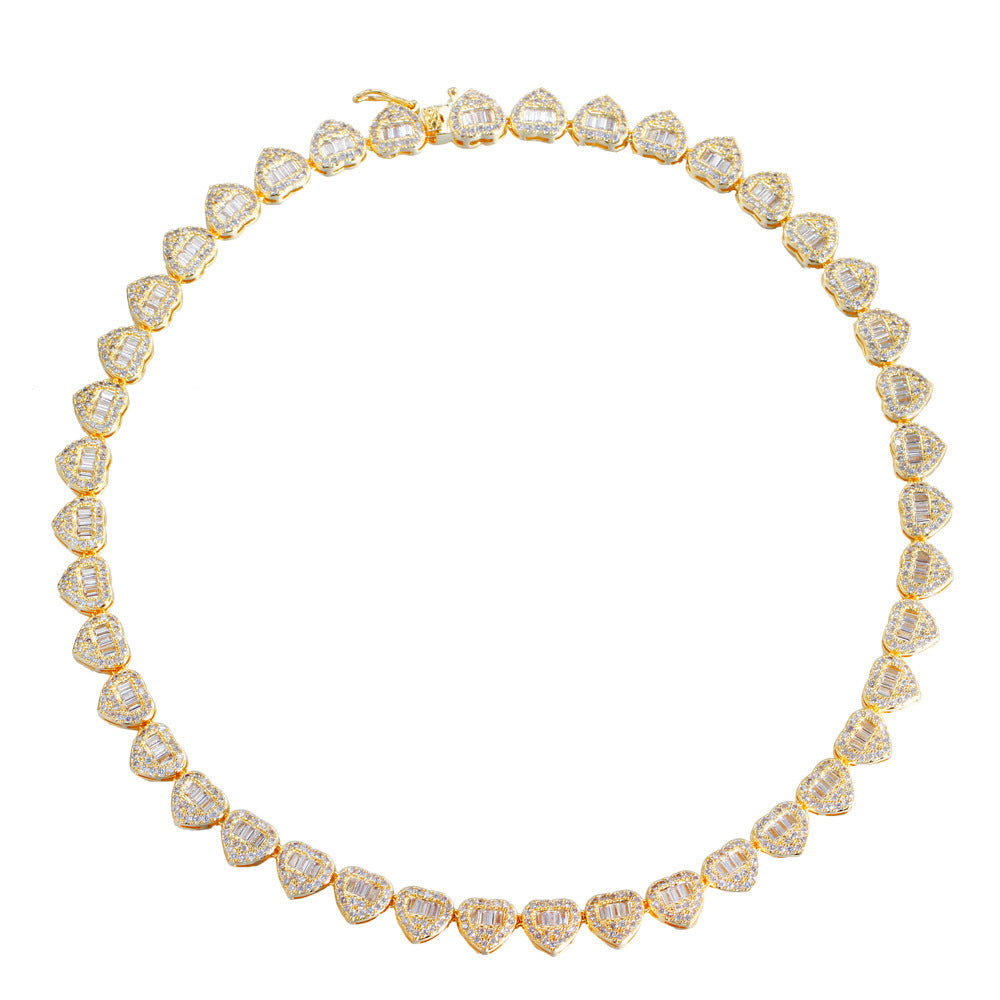Collier Hip Hop en Zircon en forme de cœur cubain, plein de diamants, couture de cœur de pêche