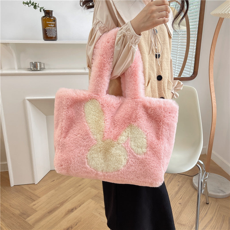 Sac en peluche oreilles de lapin de dessin animé mignon, sac à bandoulière d'automne et d'hiver, sacs à main de Shopping grande capacité, fourre-tout personnalisé pour femmes
