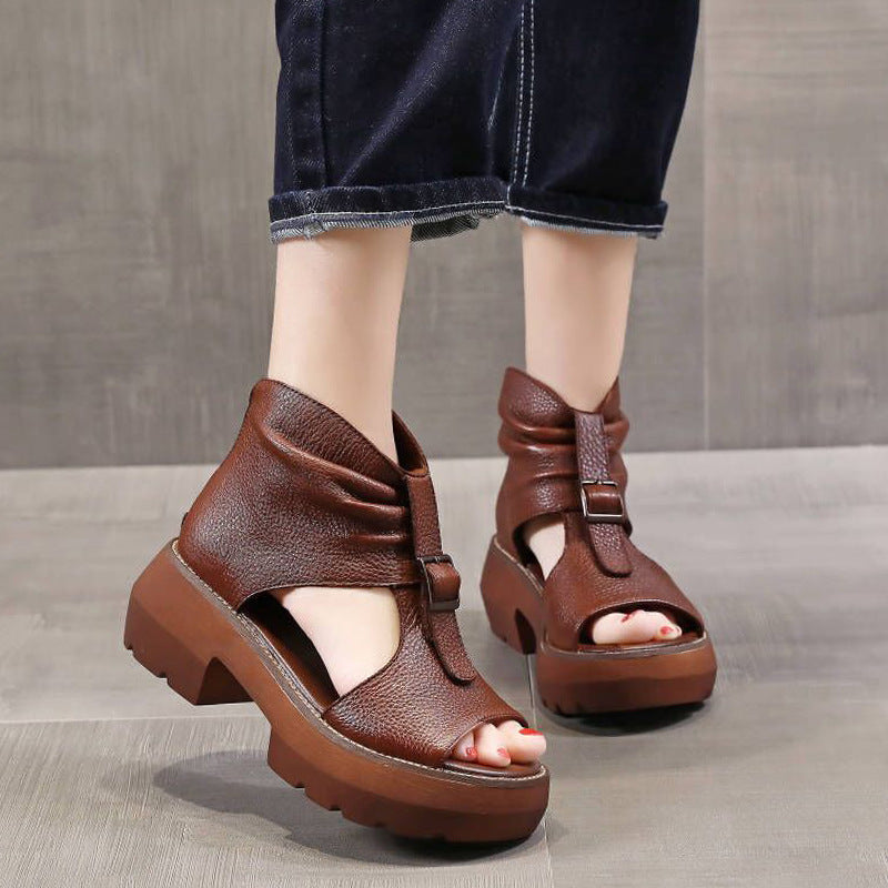 Sandales d'été à talons épais et bout ouvert de Style romain, sandales montantes augmentant la hauteur