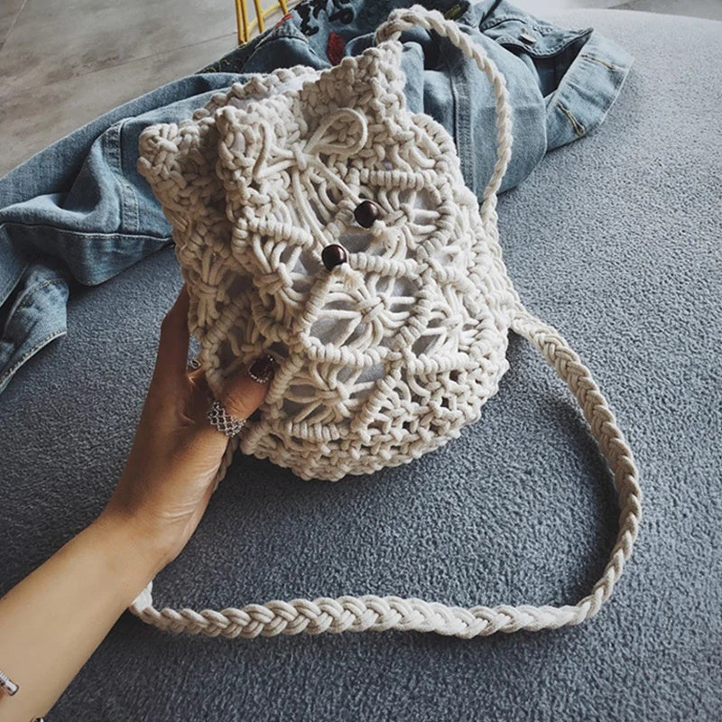 Women's Round Diagonal Cotton Crochet Tassel Small Bag