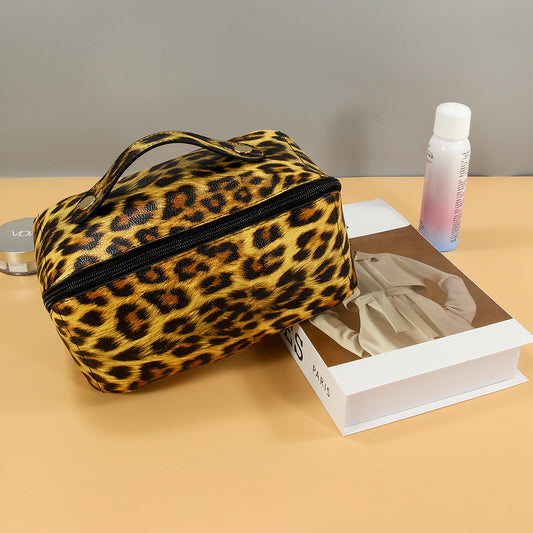 Women's Leopard PU Leather Wash Makeup Storage Bag Large Capacity Multifunctional
